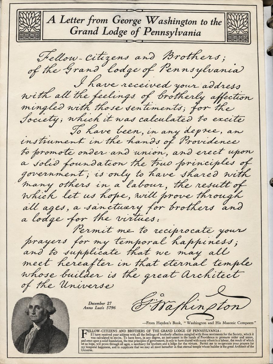 George Washington's letter to the Grand Lodge of Pennsylvania