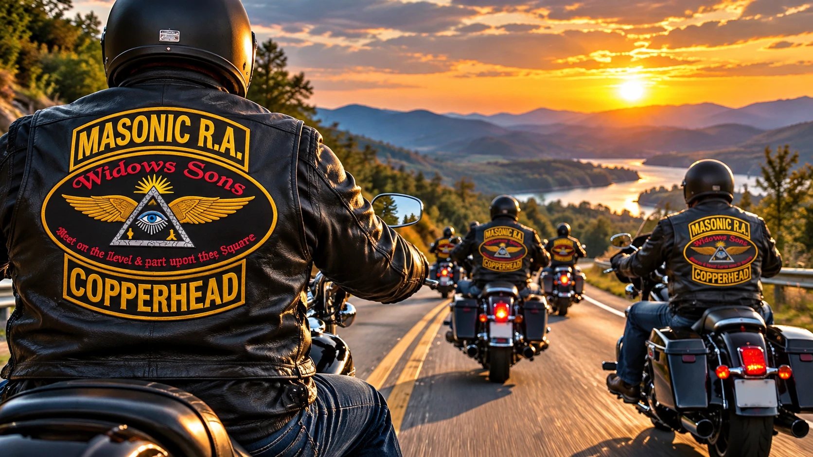 Copperhead Chapter riders in Widows Sons patches riding a mountain highway toward the sunset