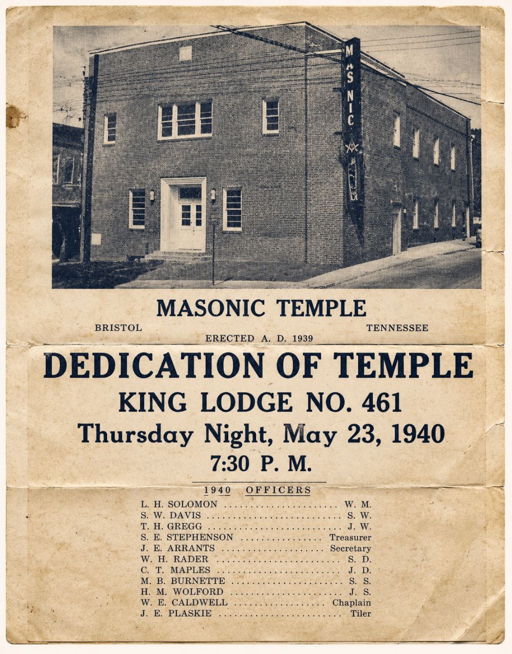 1940 Masonic Temple dedication program