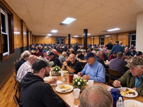 Neighbors and Brothers sharing breakfast in the lodge dining hall