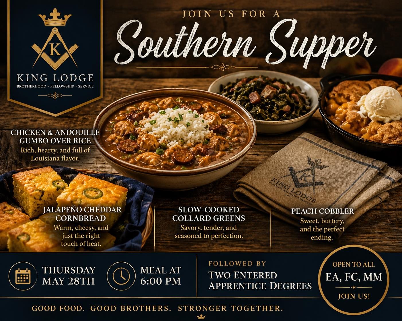 Join us Thursday, May 28th at 6:00 PM for a Southern supper worthy of the occasion.We&rsquo;ll be serving rich, slow-simmered Chicken and Andouille Gumbo over fluffy white rice, filled with tender chicken, smoky Cajun sausage, and bold Louisiana flavor in every bowl.On the side, warm Jalape&ntilde;o Cheddar