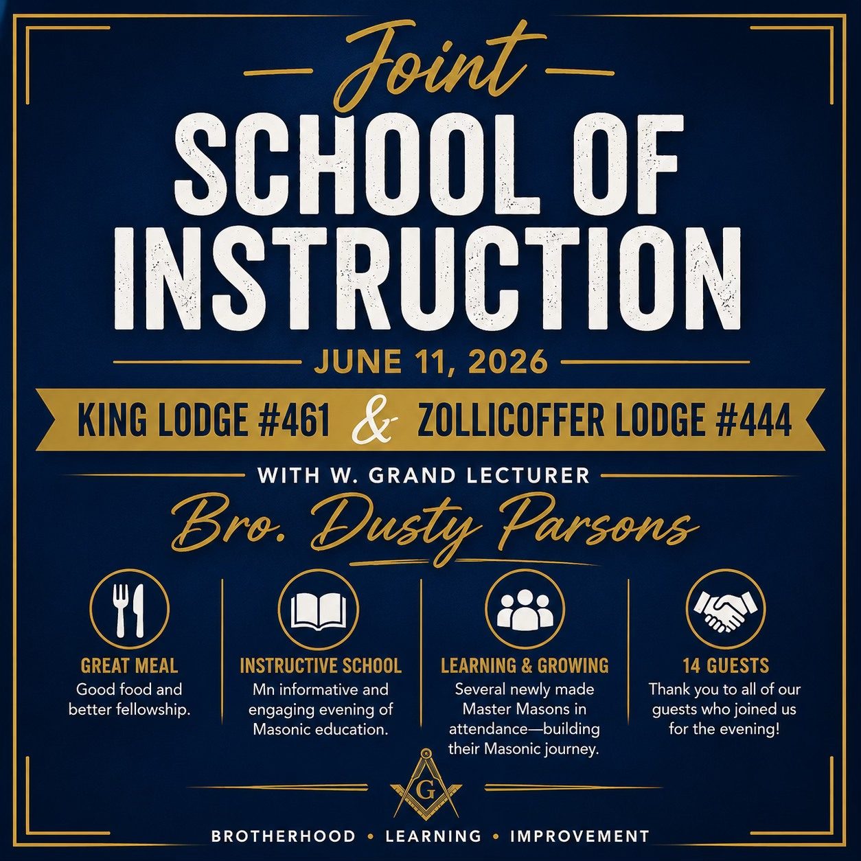 On Thursday, June 11, 2026, King Lodge No. 461 joined with Zollicoffer Lodge No. 444 for a joint School of Instruction with our Worshipful Grand Lecturer, Bro. Dusty Parsons.We enjoyed a great meal, good fellowship, and a very instructive evening of Masonic education. It was especially encouraging