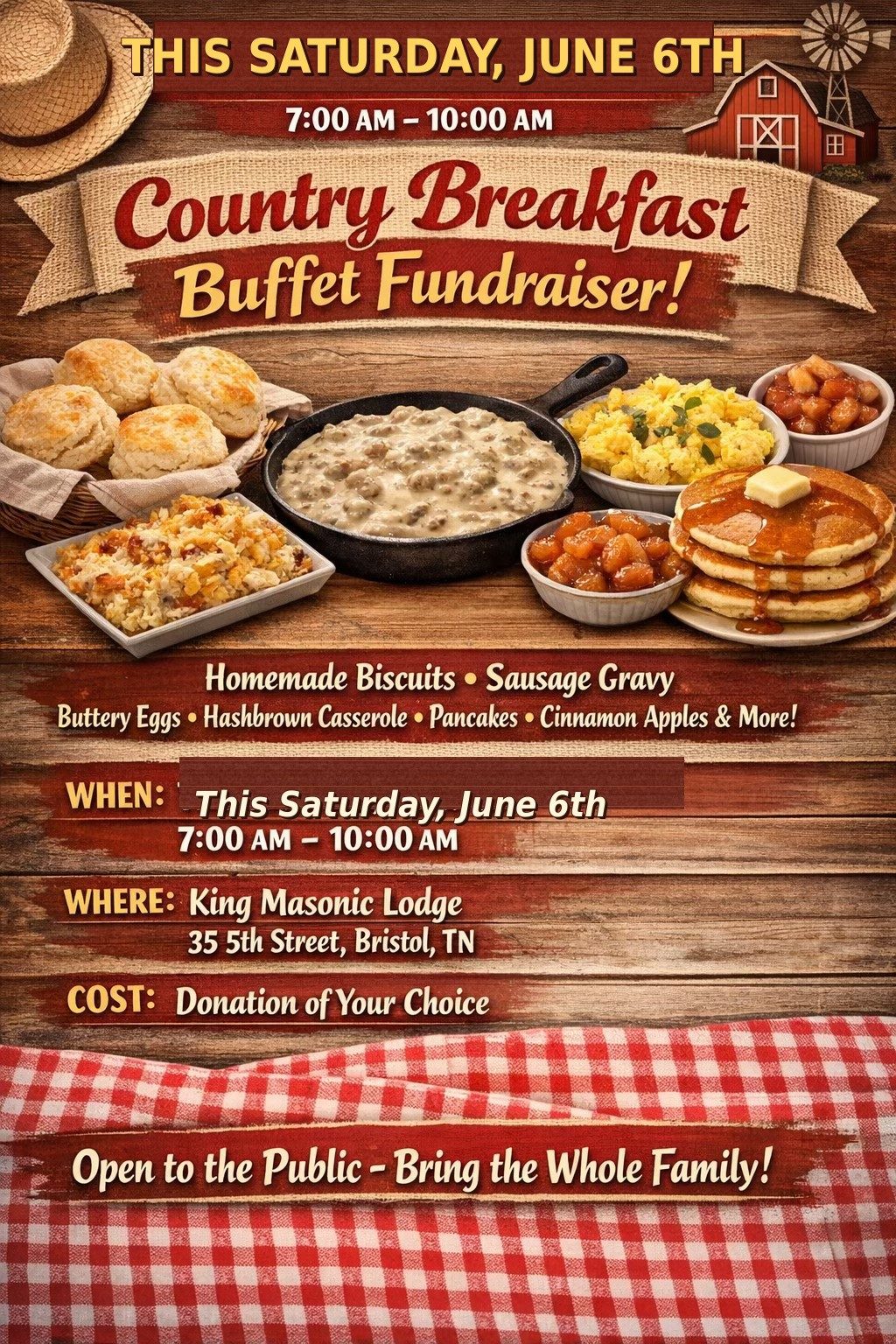 This Saturday (June 6th) morning from 7-10 am is our community country breakfast buffet fundraiser.   We will have volunteers making fresh homemade buttermilk biscuits, country sausage gravy, buttery eggs, from-scratch hashbrown casserole, buttermilk pancakes, cinnamon apples and so much more.  Th