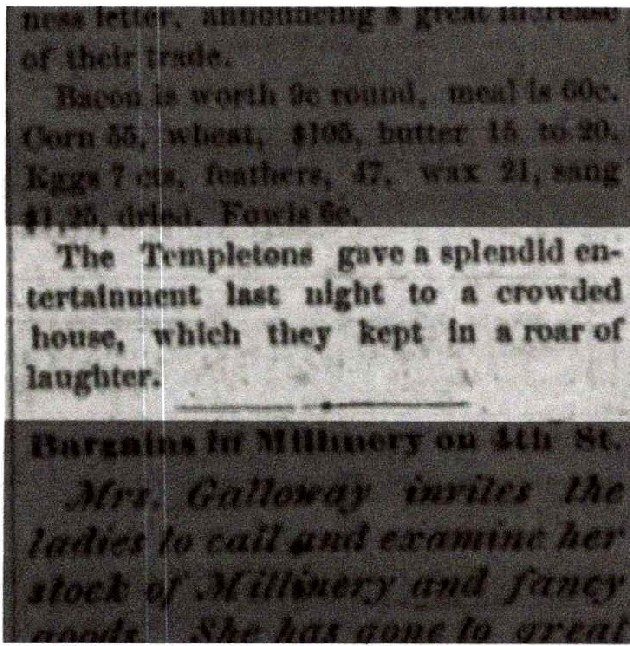 Bristol News clipping of May 24, 1881 noting that the Templetons entertained a crowded house