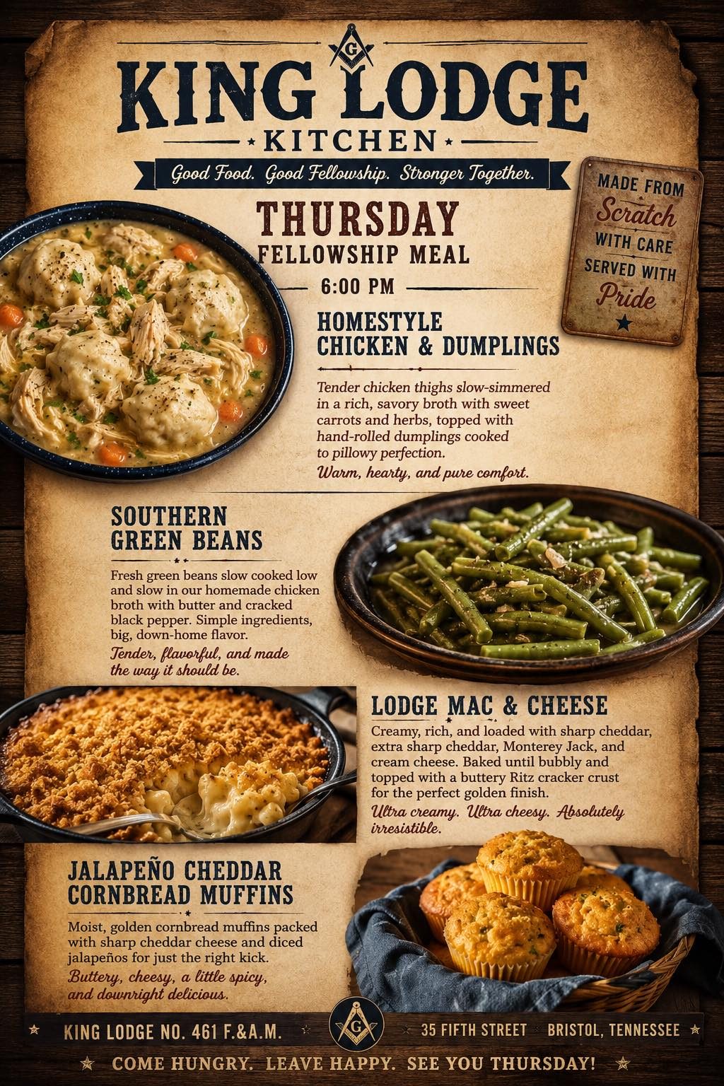 This Thursday&rsquo;s meal for our School of Instruction open to all master masons. June 11th meal at 6 school to follow.