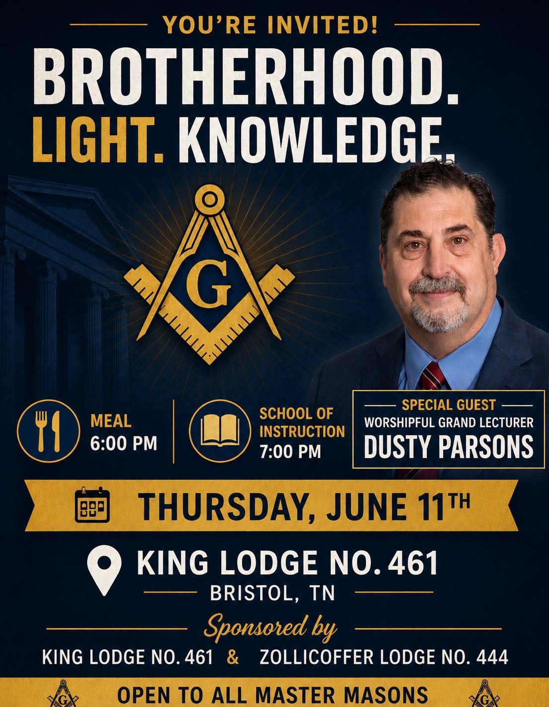 Thursday June 11th, King Lodge No. 461 and Zollicoffer Lodge No. 444 will be hosting a Joint School of Instruction led by our Worshipful Grand Lecturer, Bro. Dusty Parsons.The school will be held at King Lodge No. 461, located at 35 5th Street, Bristol, Tennessee. A meal will be served at 6:00 PM,