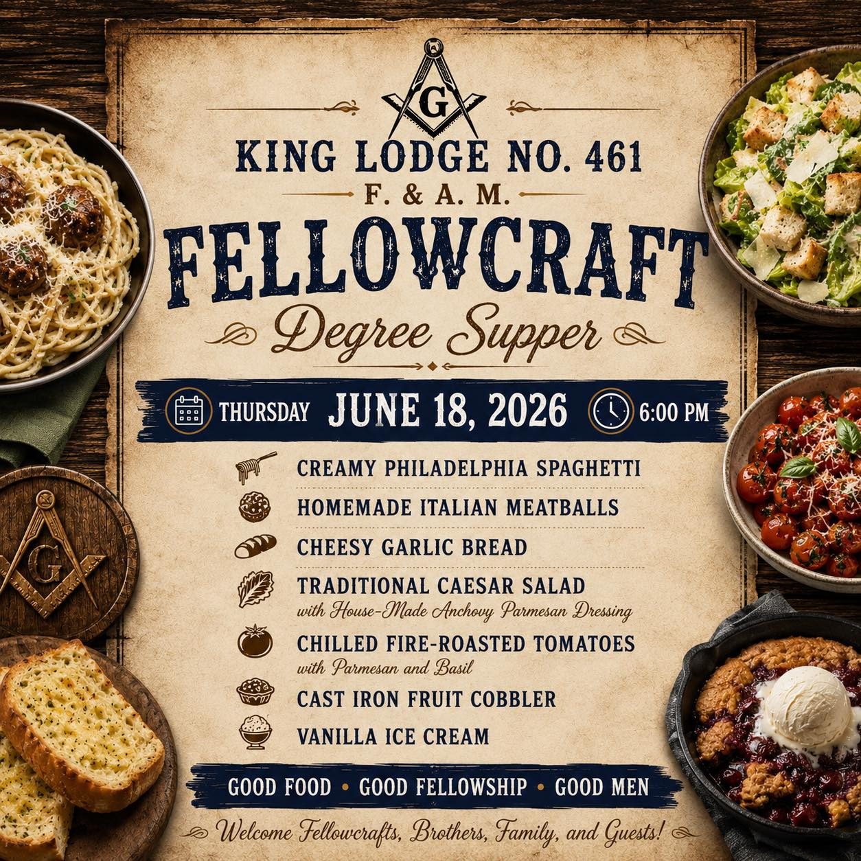Join us Thursday, June 18th at King Lodge No. 461 in Bristol, Tennessee for an evening of fellowship and Masonic education as we confer two Fellowcraft Degrees.Dinner will be served at 6:00 PM with the degrees to follow.This event is open to all Master Masons and Fellowcraft Masons. Whether you