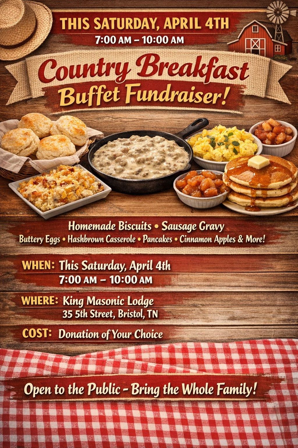 This Saturday (April 4th) morning from 7-10 am is our community country breakfast buffet fundraiser.   We will have volunteers making fresh homemade buttermilk biscuits, country sausage gravy, buttery eggs, from-scratch hashbrown casserole, buttermilk pancakes, cinnamon apples and so much more.  T