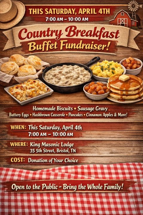 This Saturday (April 4th) morning from 7-10 am is our community country breakfast buffet fundraiser.   We will have volunteers making fresh homemade buttermilk biscuits, country sausage gravy, buttery eggs, from-scratch hashbrown casserole, buttermilk pancakes, cinnamon apples and so much more.  T